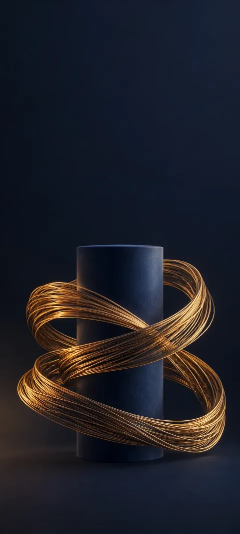 Spiraling brass wire bands around a matte indigo cylinder on dark navy.