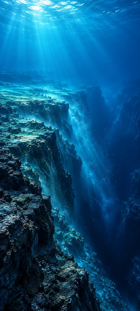 Underwater light rays above a dark rocky trench and blue currents.