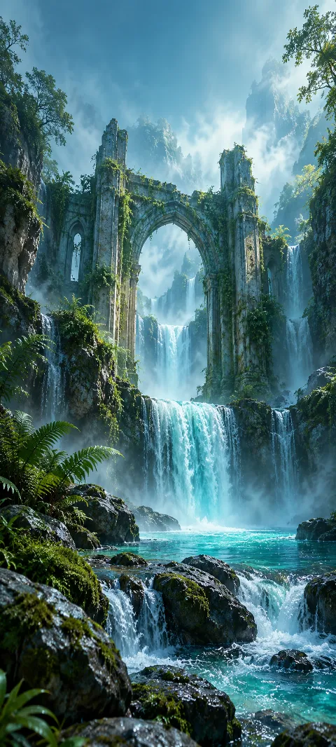 A stone gate stands behind a teal waterfall.