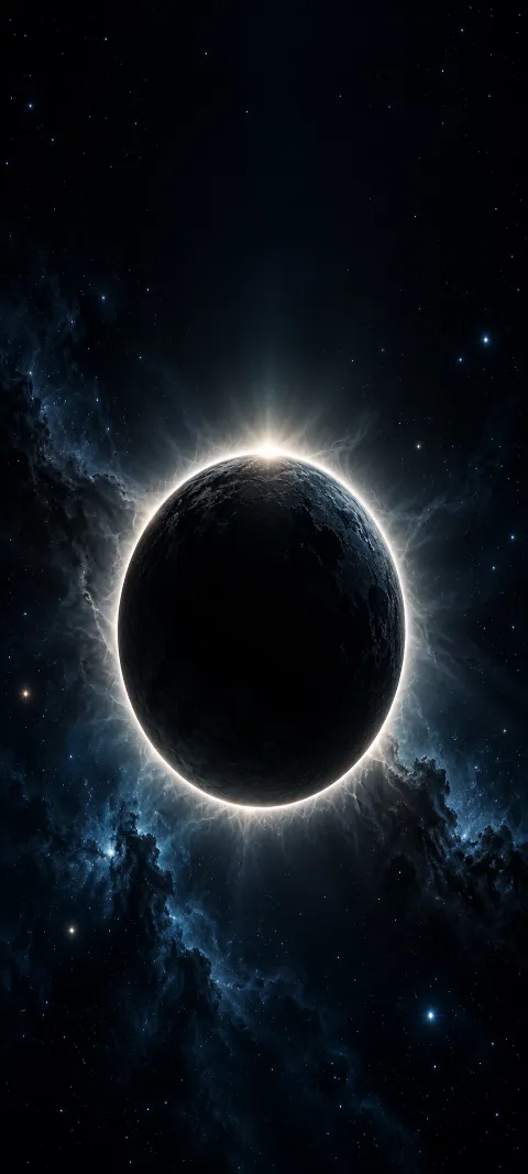 A silver ring glows around a dark eclipsed world.