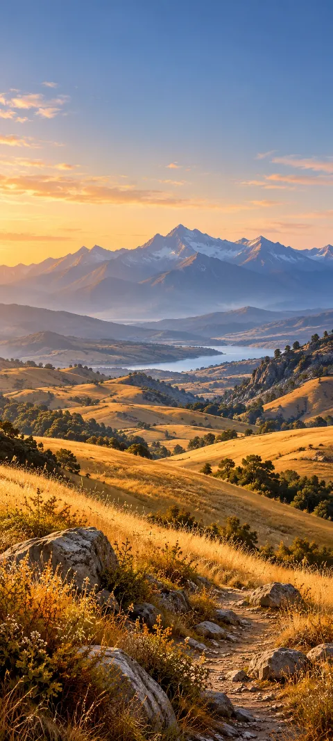 Golden foothills roll toward a distant blue mountain wall.