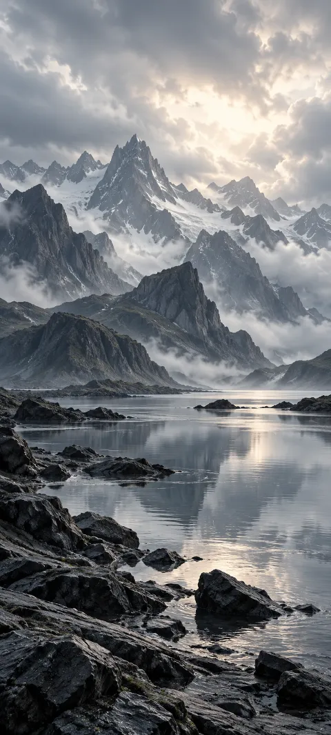 Dark basalt mountains meet a reflective gray shore.