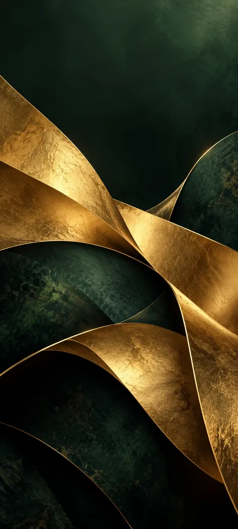 Gold leaf-like planes drift over a dark green-black field.