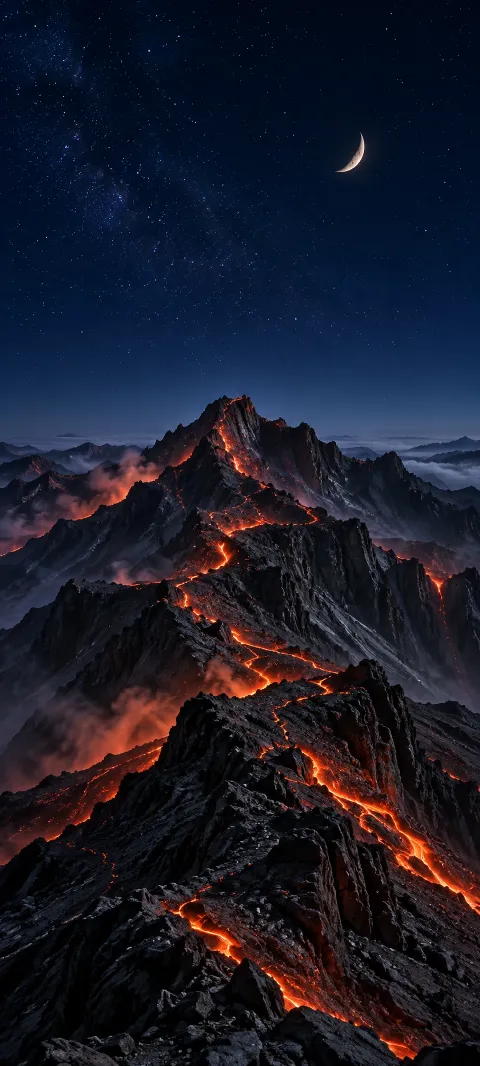 A jagged volcanic ridge carries glowing orange lava seams beneath a crescent moon.