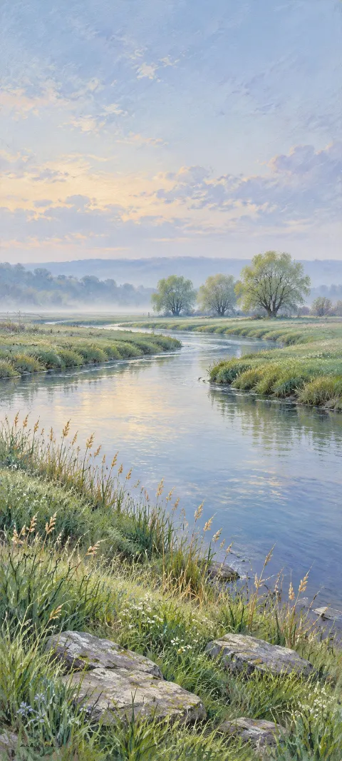 Meandering river between meadow banks and distant willows beneath a pale dawn sky.