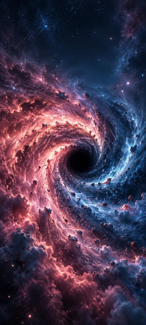 Rose and blue dust spiral around a dark opening.