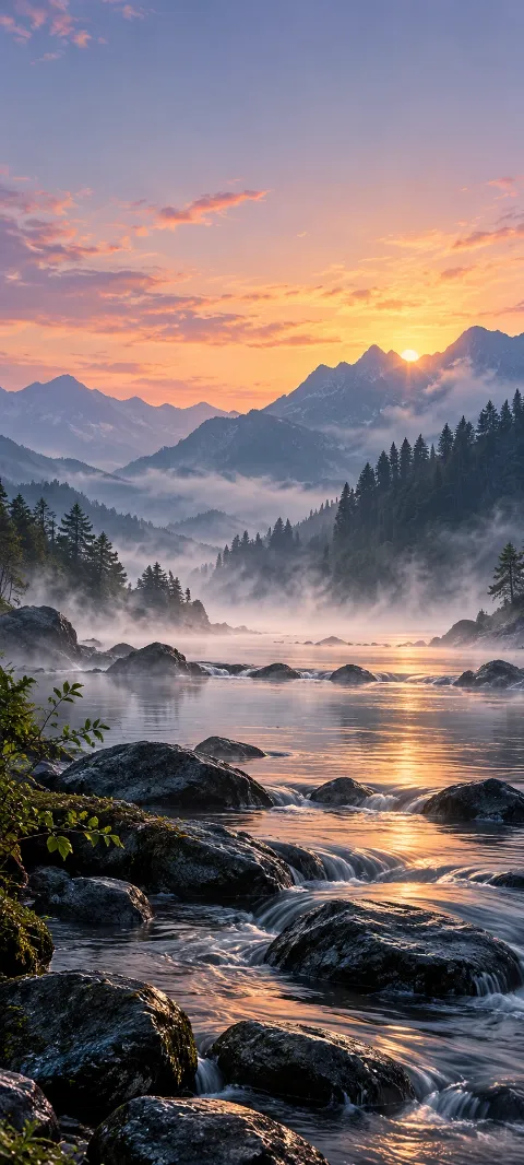 Mist hovers above a slow river with black stones.