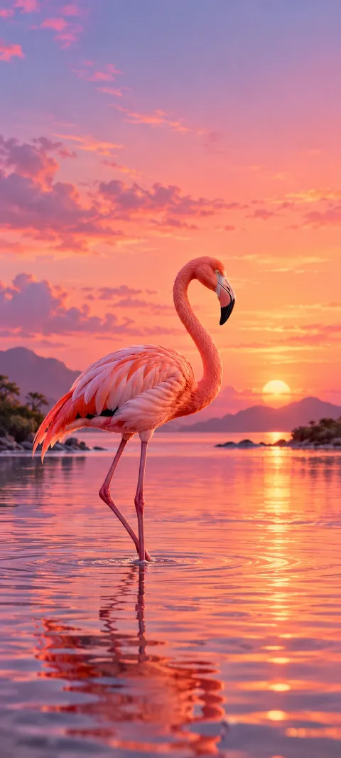 A flamingo stands in shallow rose-lit water.