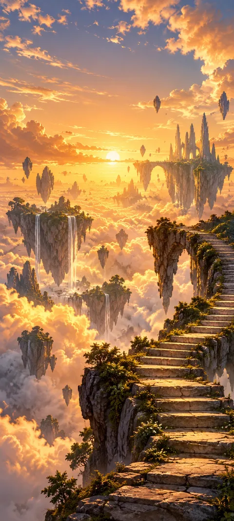 A stone stair climbs through an amber sky of islands.