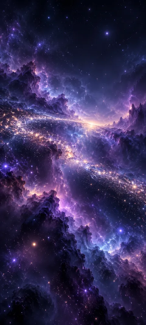 A bridge of stars spans violet cloud banks.