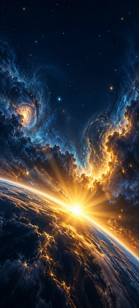 Gold solar light fans through a deep blue stellar haze.