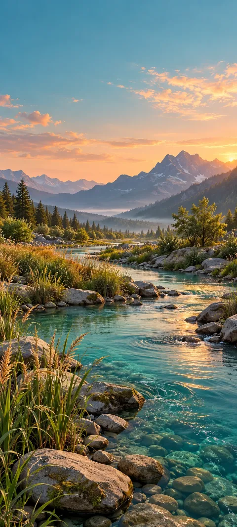 A teal river bends through reeds and smooth stones.