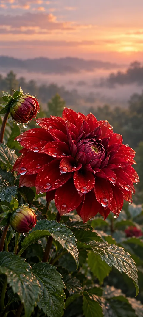 A scarlet dahlia holds raindrops above green leaves.