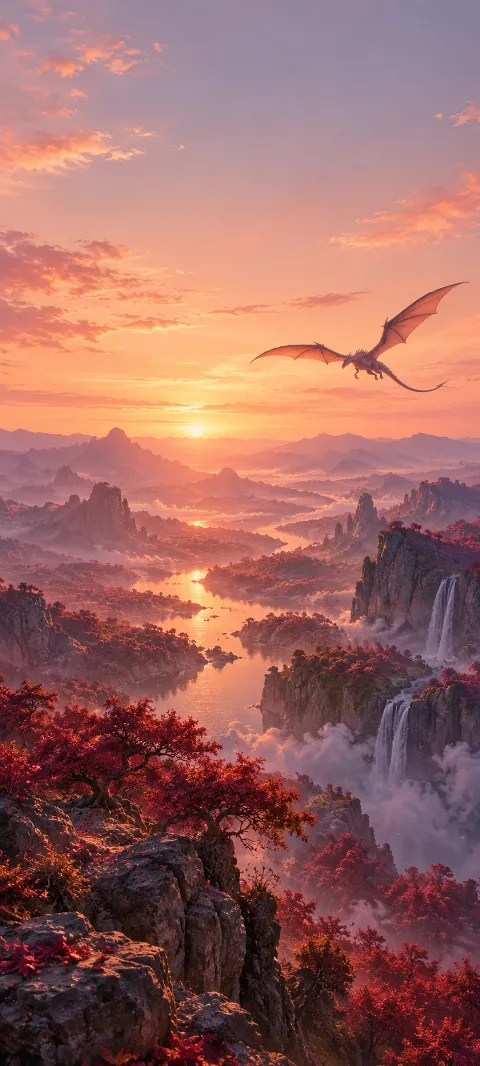A winged dragon circles a rosewood valley at sunset.