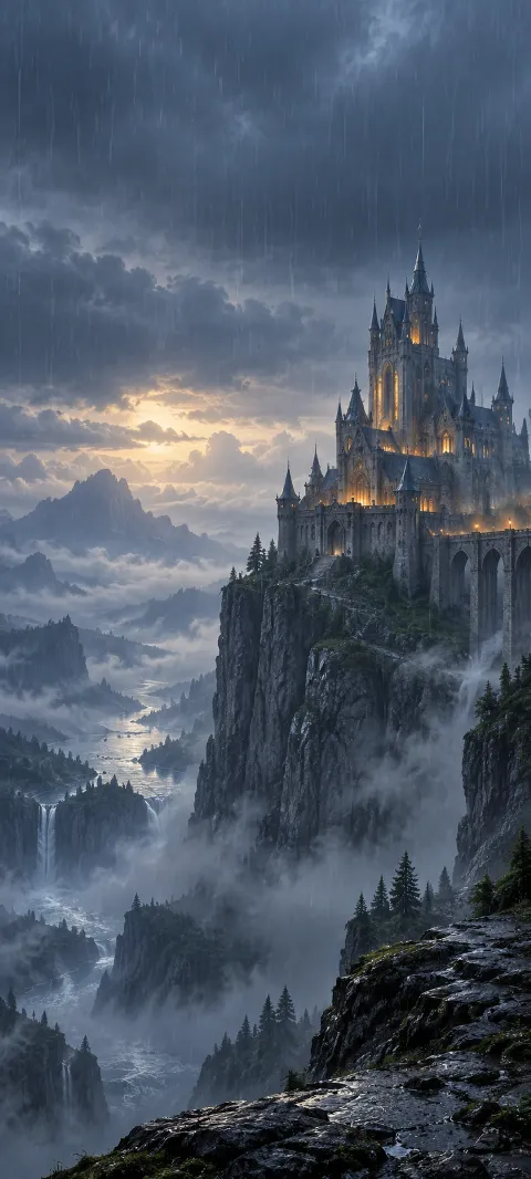 A quiet castle rests on a cliff behind falling rain.