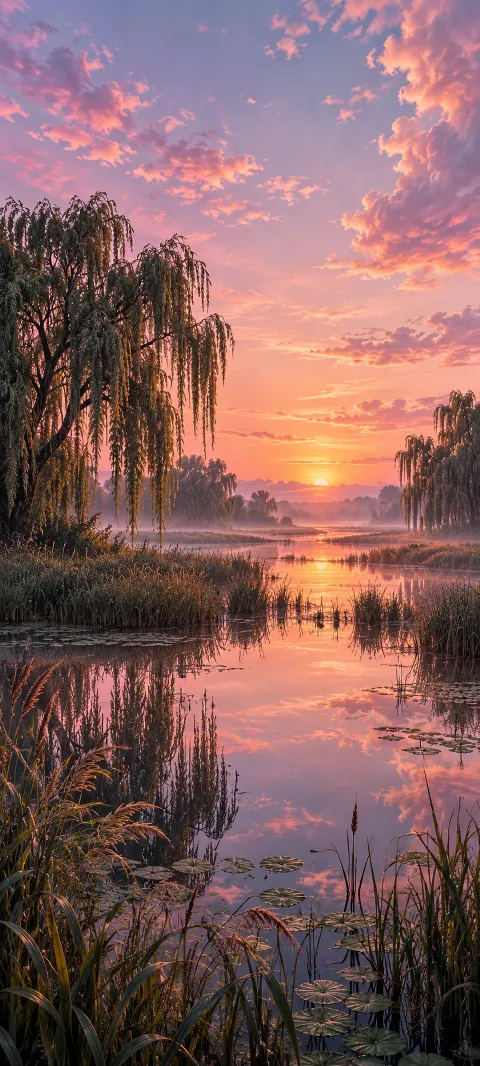 Drooping willows and reeds around a marsh reflecting a pink dawn.