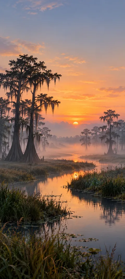 Cypress silhouettes line a winding channel in low morning fog.