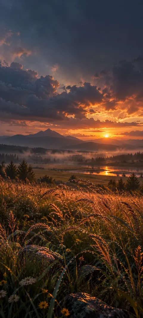 Rain-darkened meadow grasses catch copper light under storm clouds.