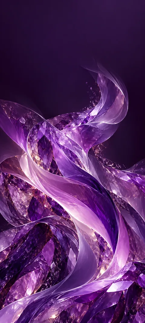 Luminous amethyst ribbons curl through a deep plum abstract field.