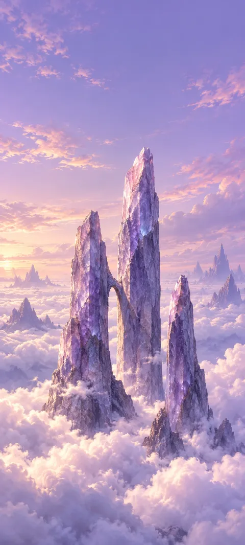 Three purple stone spires joined by a narrow arch above white clouds.