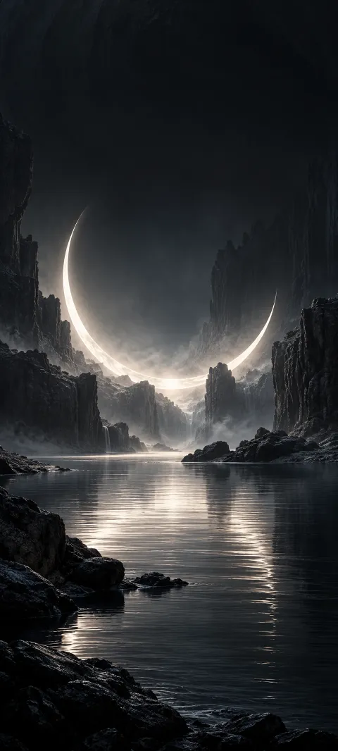 A restrained white arc emerges from graphite darkness.