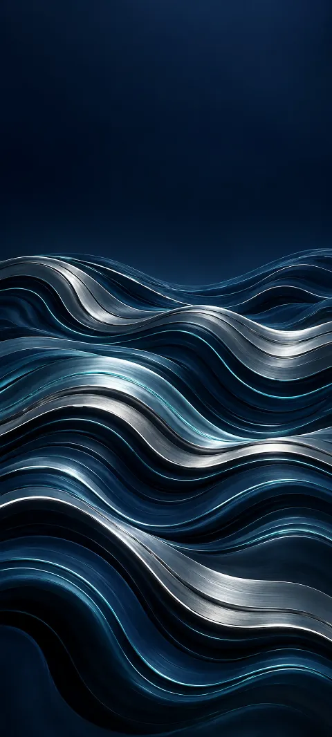 Undulating silver and teal contour layers against midnight blue.
