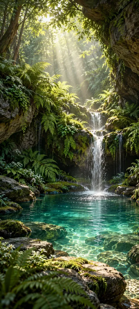 A fern grotto glows beneath a break in the canopy.
