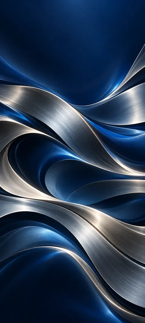 Silver layers pulse through a midnight blue field.