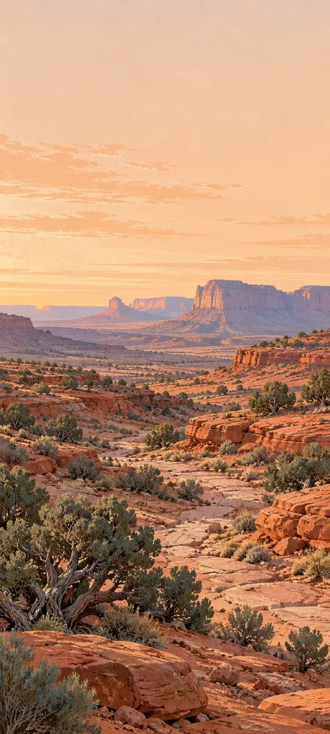 Junipers and red sandstone shelves in a dry basin beneath distant mesas.
