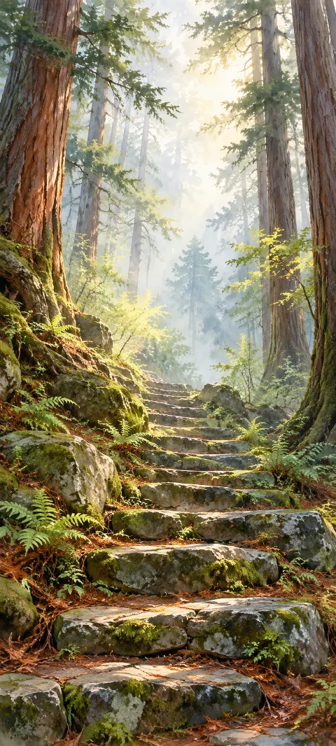 Mossy stone stairway between tall cedar trees in soft forest sunlight.