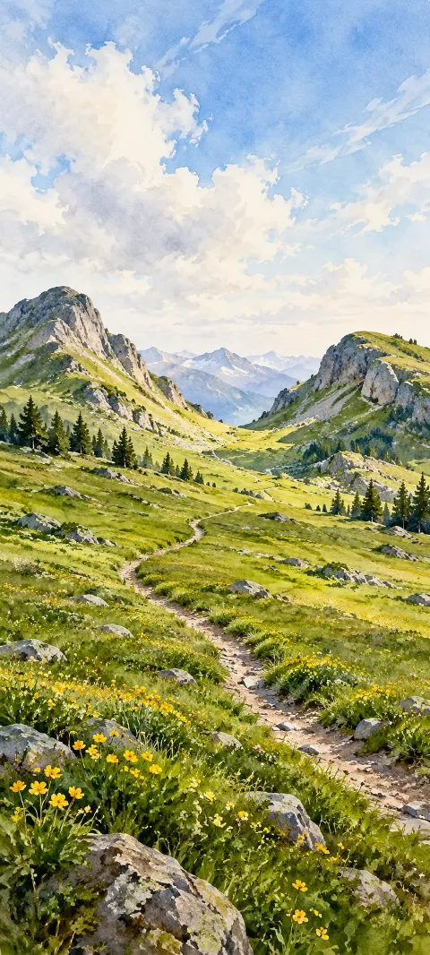 Alpine meadow trail with yellow flowers between two rocky peaks under pale clouds.