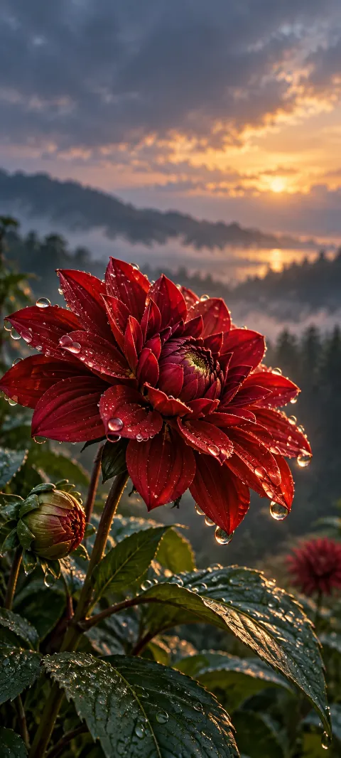 A scarlet dahlia holds raindrops above green leaves.