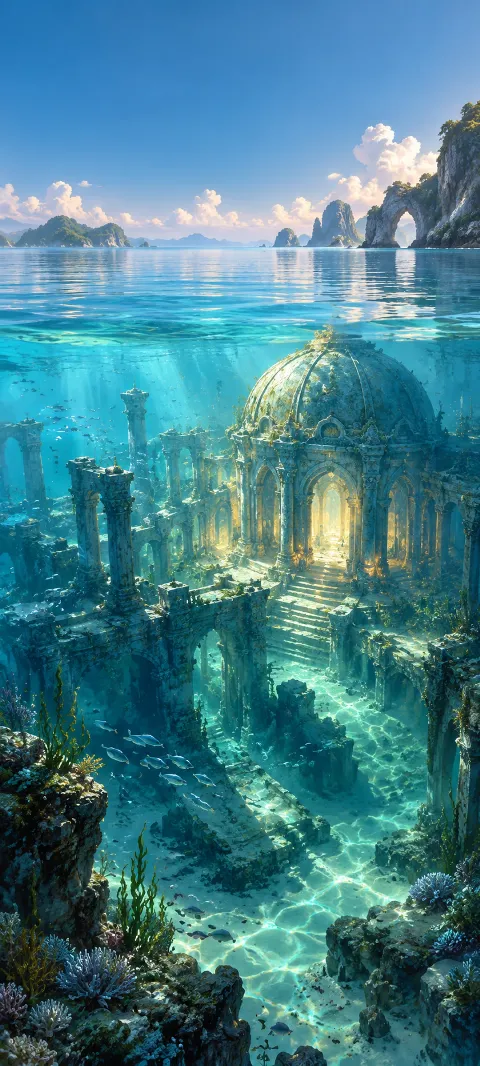 A half-sunken imagined temple glows beneath shallow blue water.