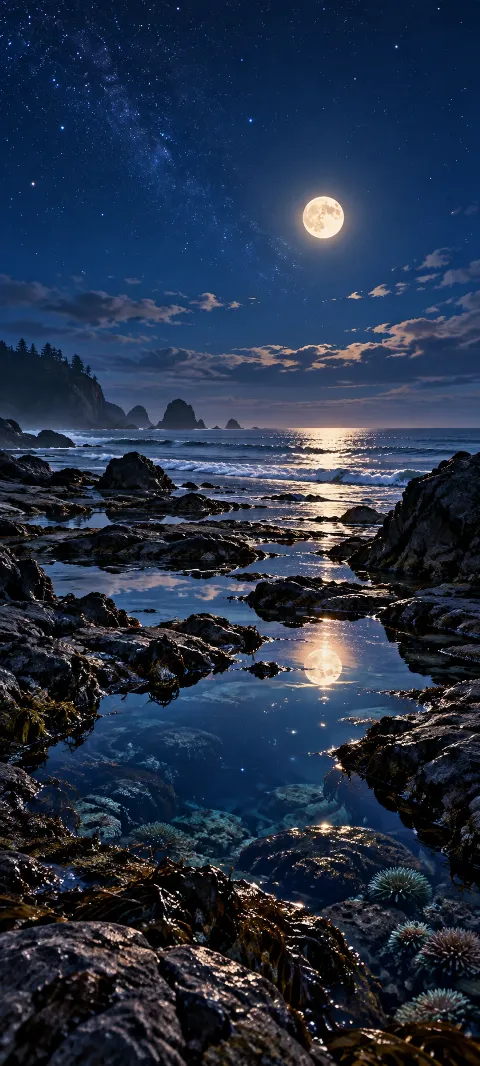 Moonlit tide pools mirror a deep blue sky.