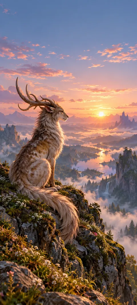 A gentle horned creature watches a dawn valley.