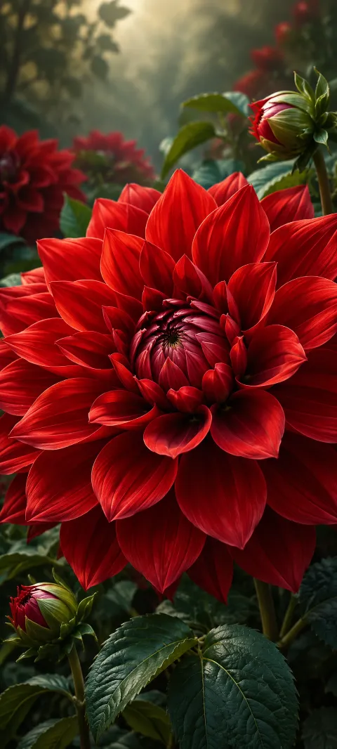 A scarlet dahlia holds raindrops above green leaves.