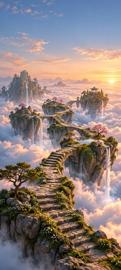 Stone stairways connect flowering islands above a cloud sea.