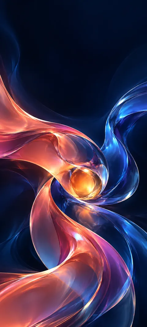 Translucent coral and cobalt ribbons curl around a glowing amber center on a dark blue field.