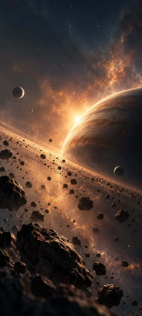 Small imagined satellites drift as silhouettes through cosmic dust.