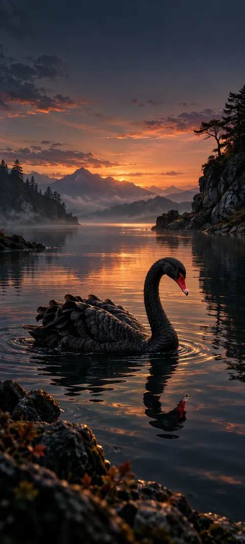 A black swan glides across a dark reflective cove.