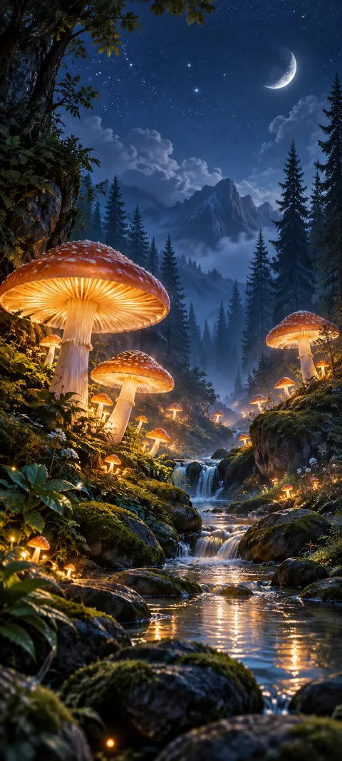 Luminous toadstools line a quiet forest glen.