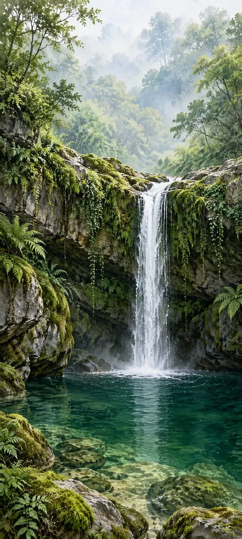 Waterfall descending into a clear green pool among mossy rocks and trailing vines.