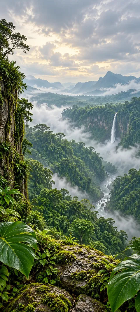 Mossy rocks and tropical leaves above a rainforest gorge with mist, river and distant waterfall.