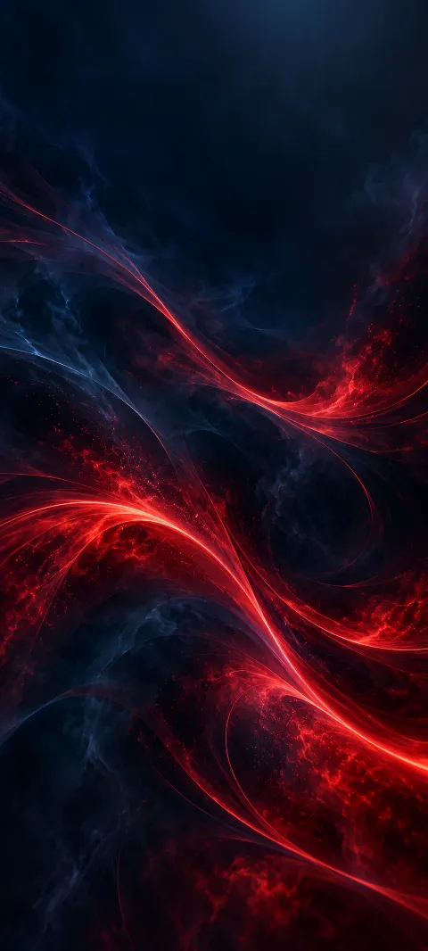 Scarlet lines arc through smoky navy space.