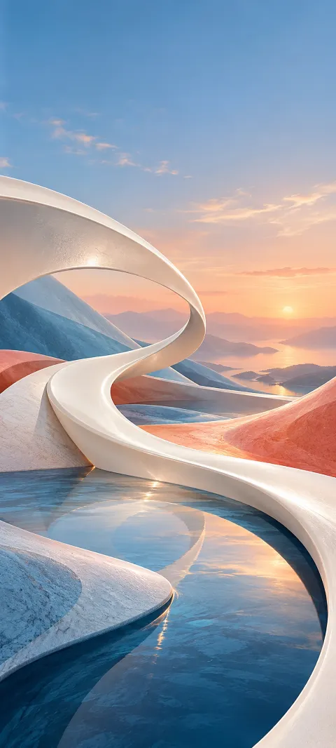 White ribbons curve through blue and coral abstract forms.