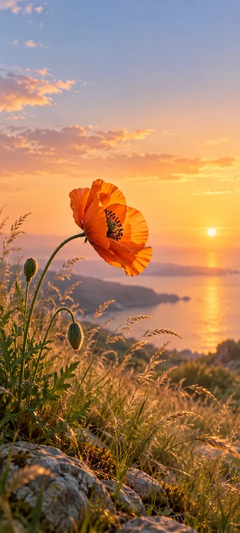 An orange poppy rises above grasses beside sunset water.