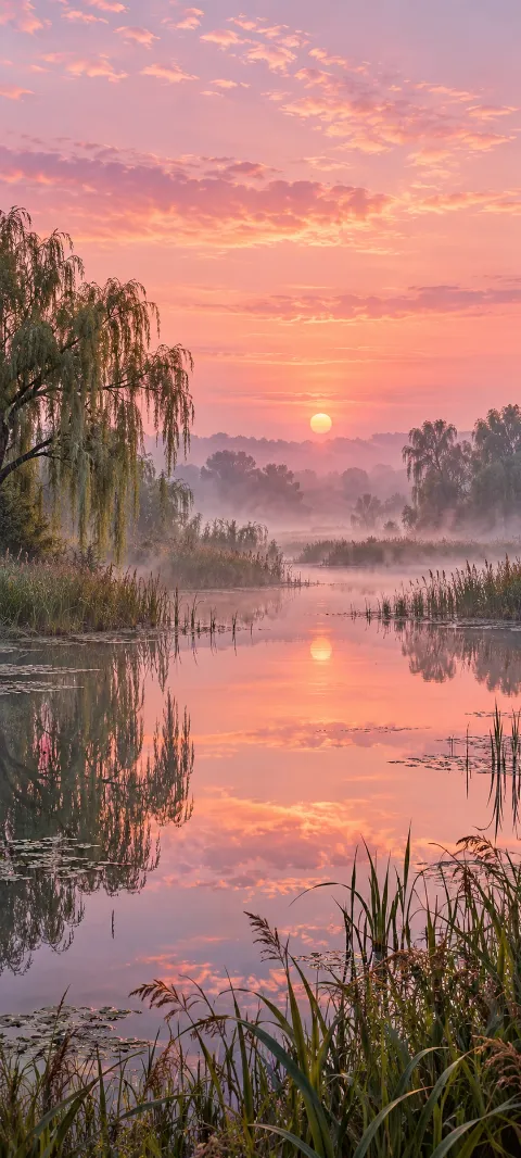 Willows and reeds surround a marsh reflecting a pale rose dawn.