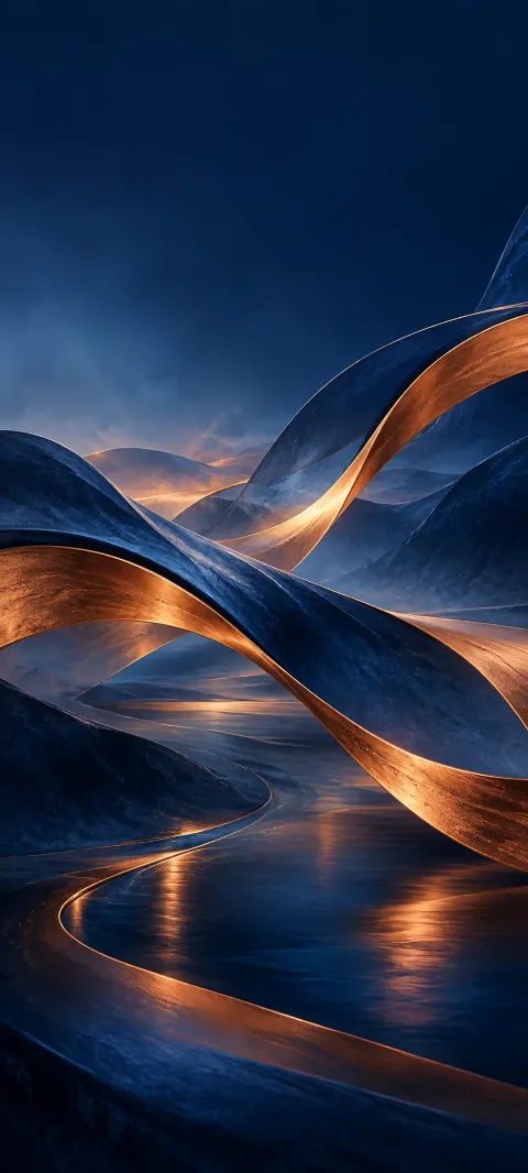 Indigo and copper bands fold through a deep blue field.