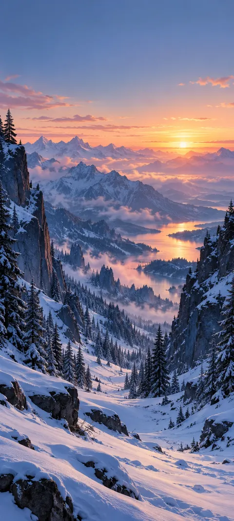 A snowy pass descends between dark pines and blue cliffs.