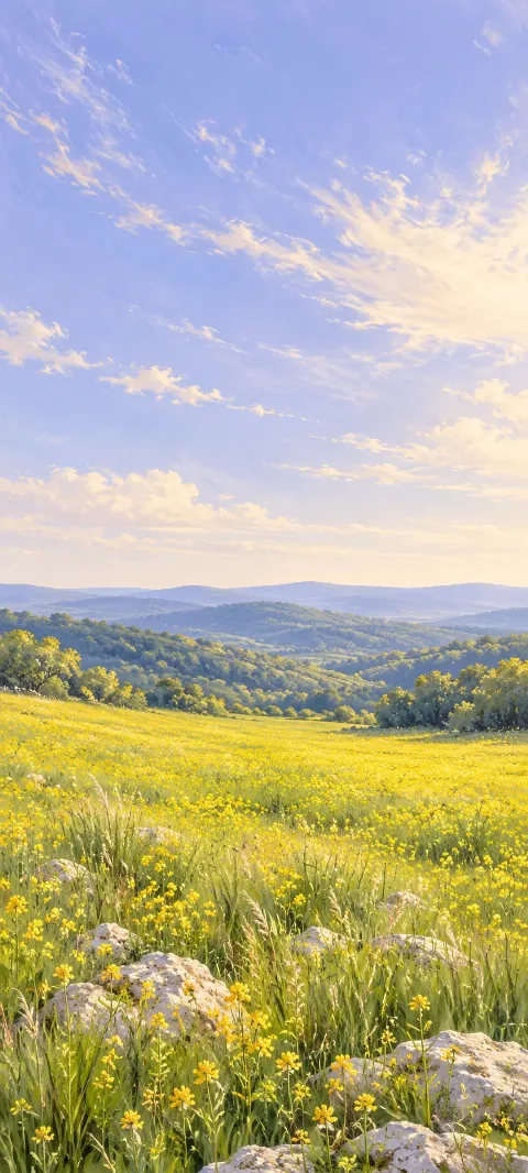 Golden wild mustard flowers and chalky stones below woodland hills and wispy clouds.